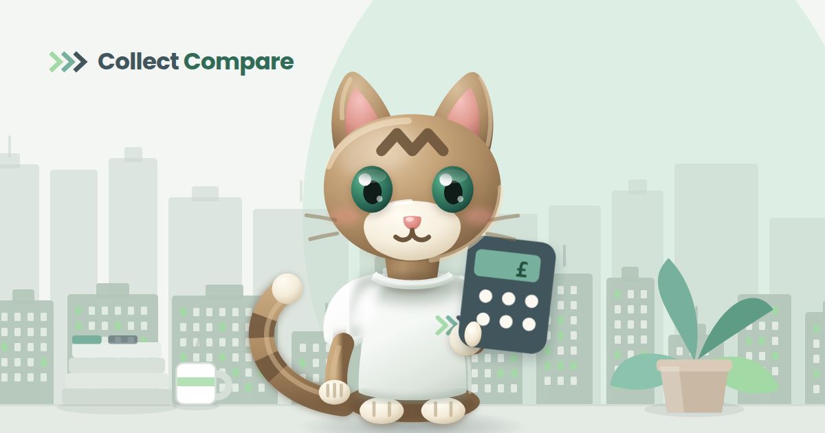 Tally the Tabby, the Collect Compare mascot, holding a calculator in an office with a city skyline behind her