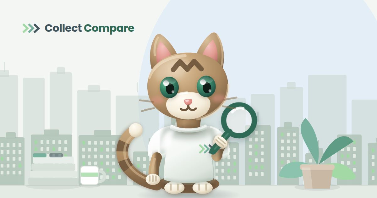 Tally the Tabby, the Collect Compare mascot, inspecting the market with a magnifying glass in an office with a city skyline behind her