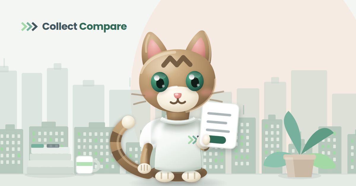 Tally the Tabby, the Collect Compare mascot, holding an unpaid invoice in an office with a city skyline behind her