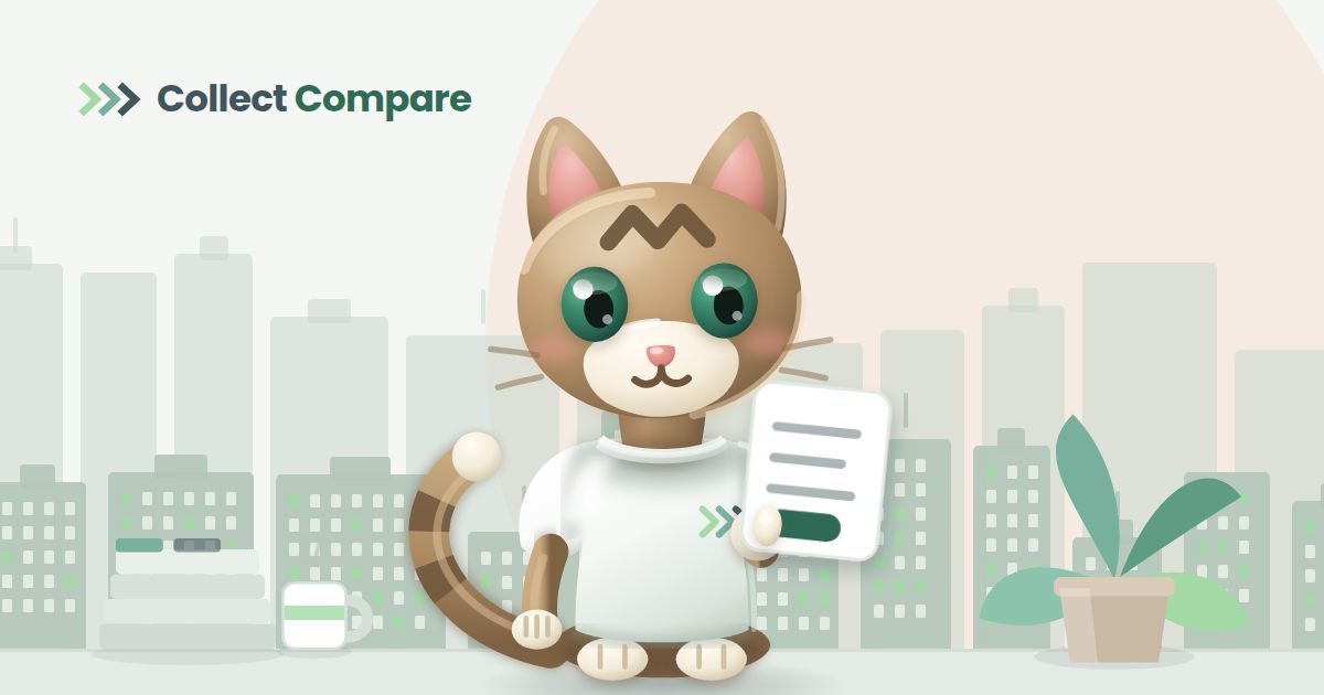 Tally the Tabby, the Collect Compare mascot, holding an unpaid invoice in an office with a city skyline behind her