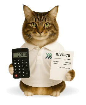 Tally the Tabby holding a calculator and an invoice