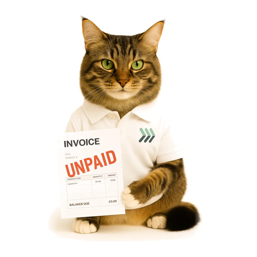 Tally the Tabby, the Collect Compare mascot, holding an unpaid invoice